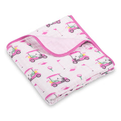 LollyBanks muslin blanket pink golf print for cozy naps.