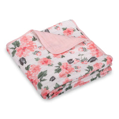 LollyBanks muslin blanket pink peony print, breathable comfort for baby.
