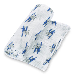 LollyBanks muslin swaddle airplane print, breathable wrap for newborn comfort.