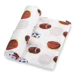LollyBanks Muslin Swaddle Blanket sports print balls for a cozy newborn wrap