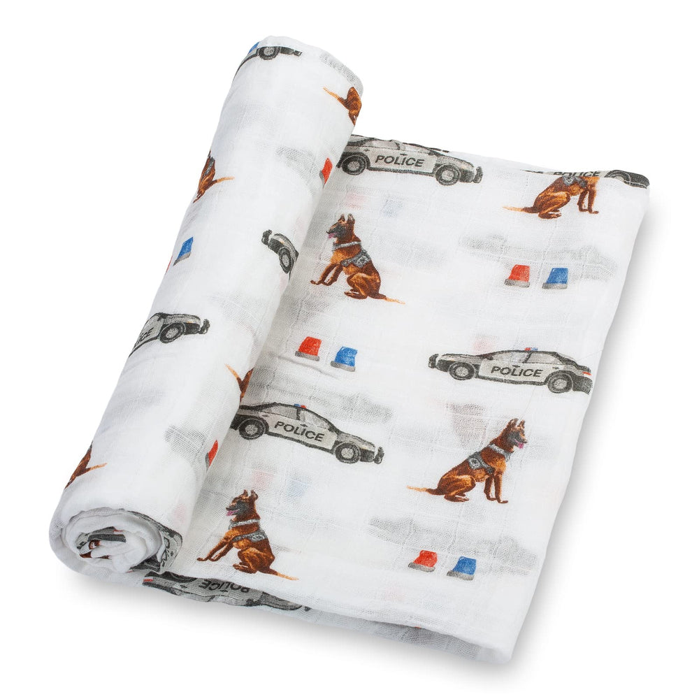 LollyBanks Police Dog Print muslin swaddle blanket for newborns with breathable fabric