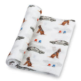 LollyBanks Police Dog Print muslin swaddle blanket for newborns with breathable fabric