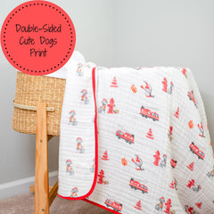 LollyBanks nursery scene with dogs print blanket ready for snuggles and travel