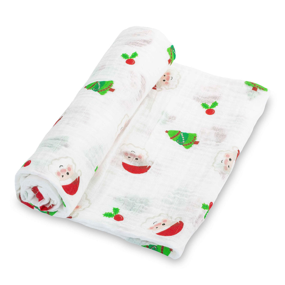 LollyBanks Santa print swaddle blanket—soft wrap for newborn comfort and holiday charm.