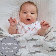 LollyBanks shark-print swaddle in a nursery setting for playful decor.