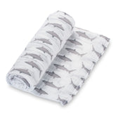 LollyBanks shark-print swaddle blanket keeps baby cozy and secure.