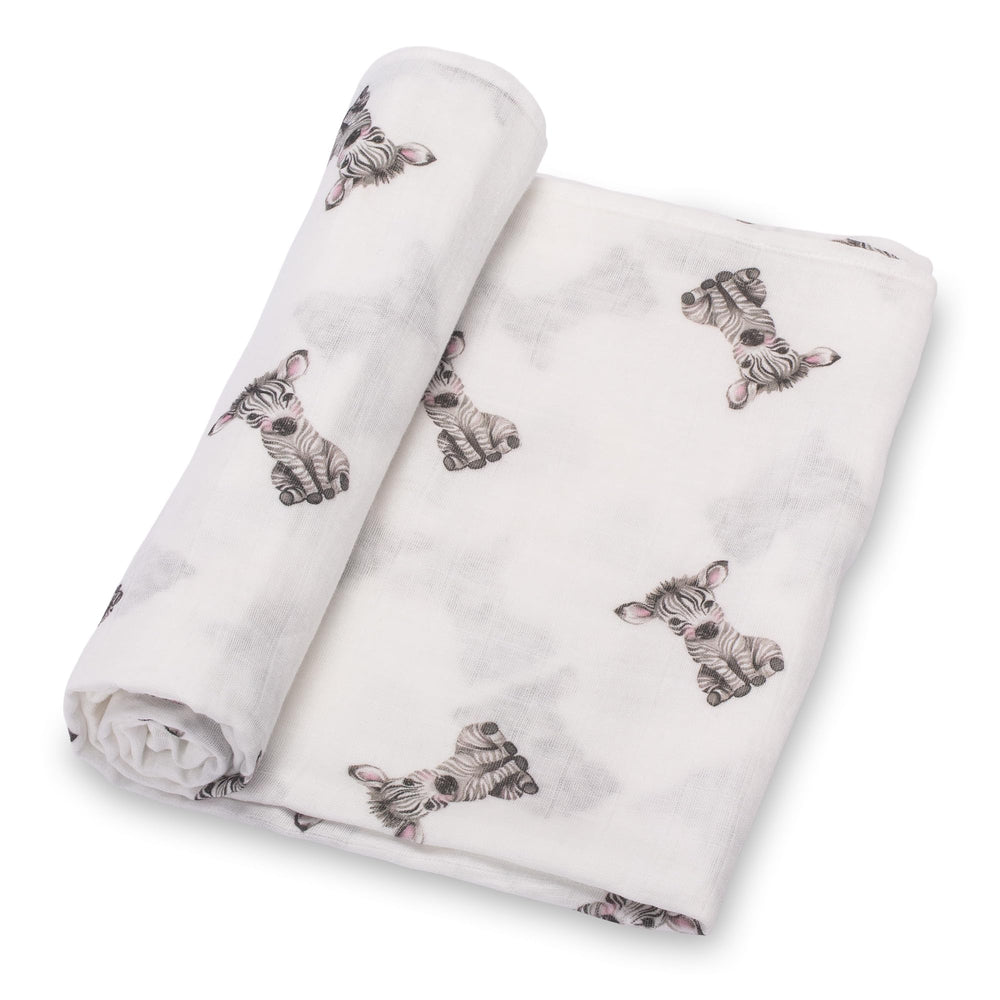 LollyBanks soft cotton swaddle blanket in animal print for newborn comfort.