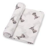 LollyBanks soft cotton swaddle blanket in animal print for newborn comfort.