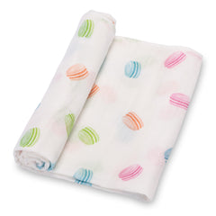 LollyBanks soft muslin swaddle blanket macarons print for cozy newborn cuddling