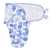 LollyBanks swaddle sack in blue peony print keeps baby cozy for restful sleep