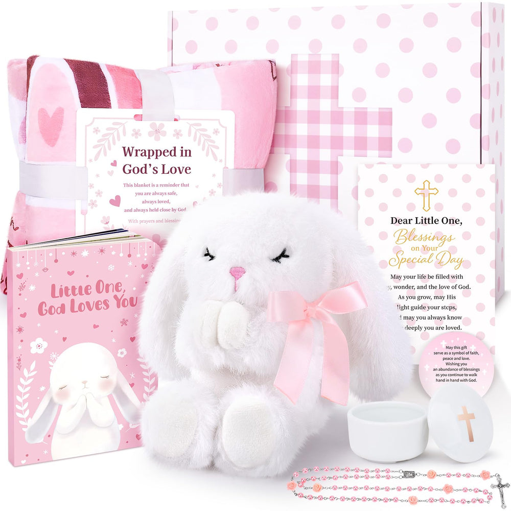 LOMEVE baptism gift basket for girl with keepsakes and plush bunny for cherished moments