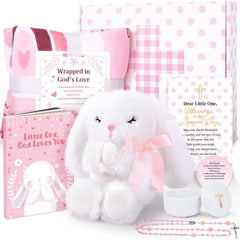 LOMEVE baptism gift basket for girl with keepsakes and plush bunny for cherished moments