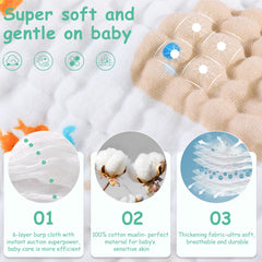 Looxii muslin burp cloths highlight high absorbency from six-layer design for quick mess management.