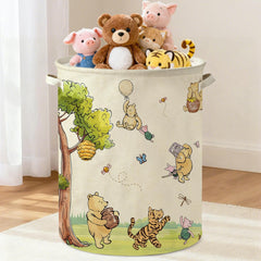 Lopeastar Oval Classic Winnie Bear laundry basket front view, durable wipe-clean canvas.