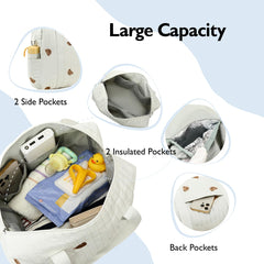 Outside pockets organize keys, pacifiers, and small essentials for fast retrieval.