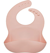 Loulou Lollipop pink quartz bib front view with waterproof surface and deep pocket.