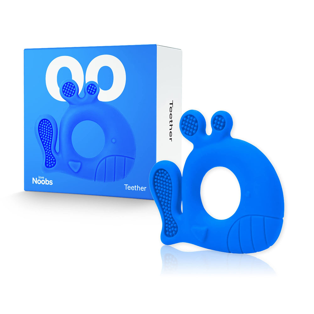 Love Noobs teether front gums—soothes early teething discomfort.