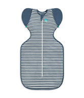 Love to Dream Swaddle UP Transition Bag in denim stripe, front view, snug arms-up fit.