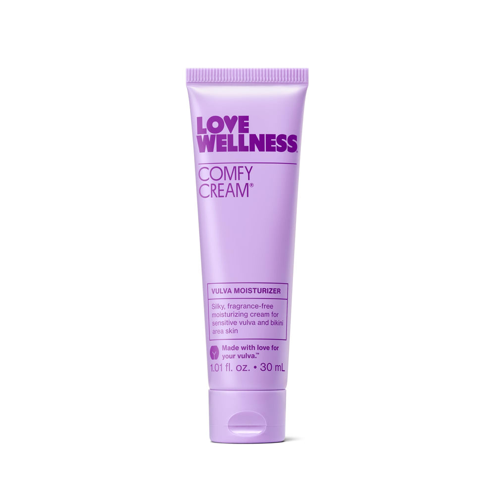 Love Wellness Comfy Cream bottle shown for external vulva moisture and skin comfort.