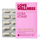 Love Wellness Flora Power pack shot of fragrance-free vaginal probiotic suppositories for daily use.