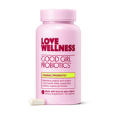 Love Wellness Good Girl Probiotics bottle front highlights 9 strains for vaginal balance.