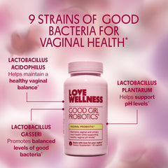 Love Wellness Good Girl Probiotics capsule close-up shows vegan, easy-to-swallow capsule.