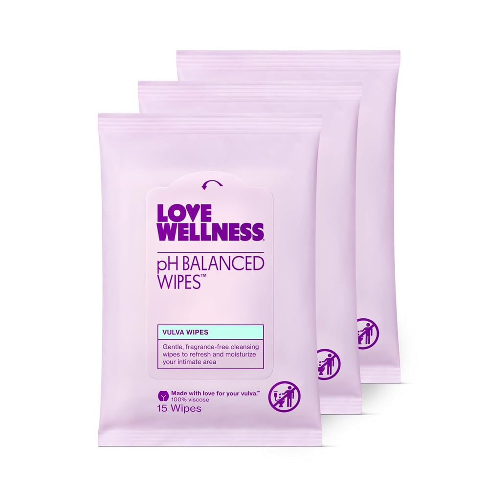 Love Wellness pH Balancing Wipes 3-pack packaging for daily intimate cleansing.