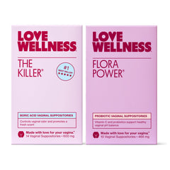 Love Wellness The Killer boric acid suppositories box for pH balance support.