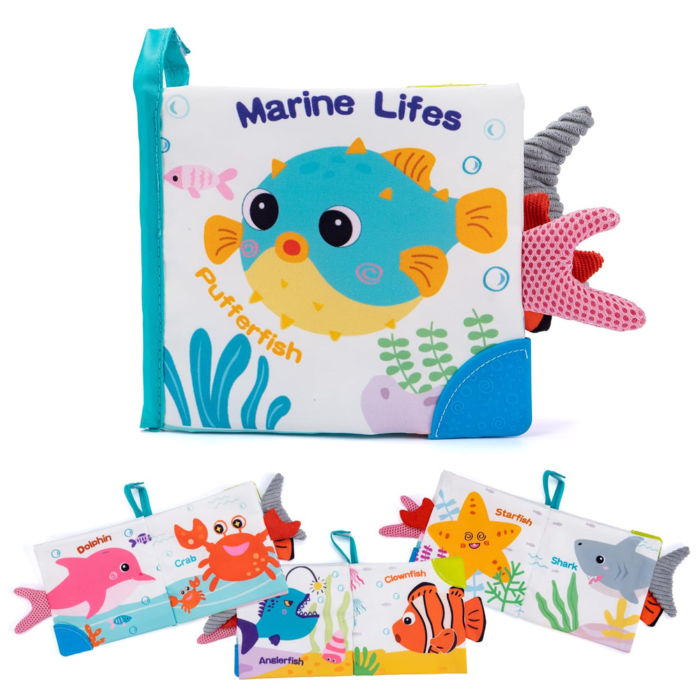 Love&Mini Ocean Shark Crinkle Book front cover, bright colors for visual tracking