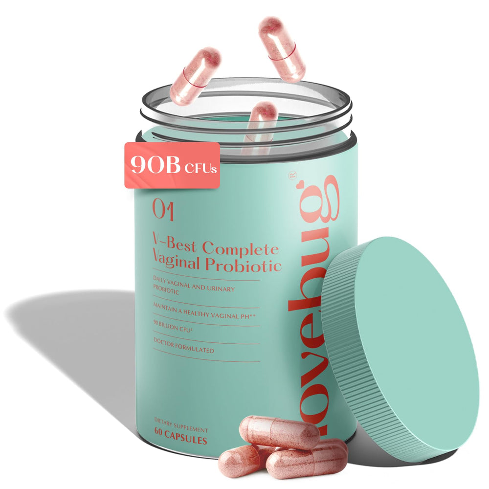 LoveBug V-Best bottle close-up highlighting probiotic packaging for vaginal balance.