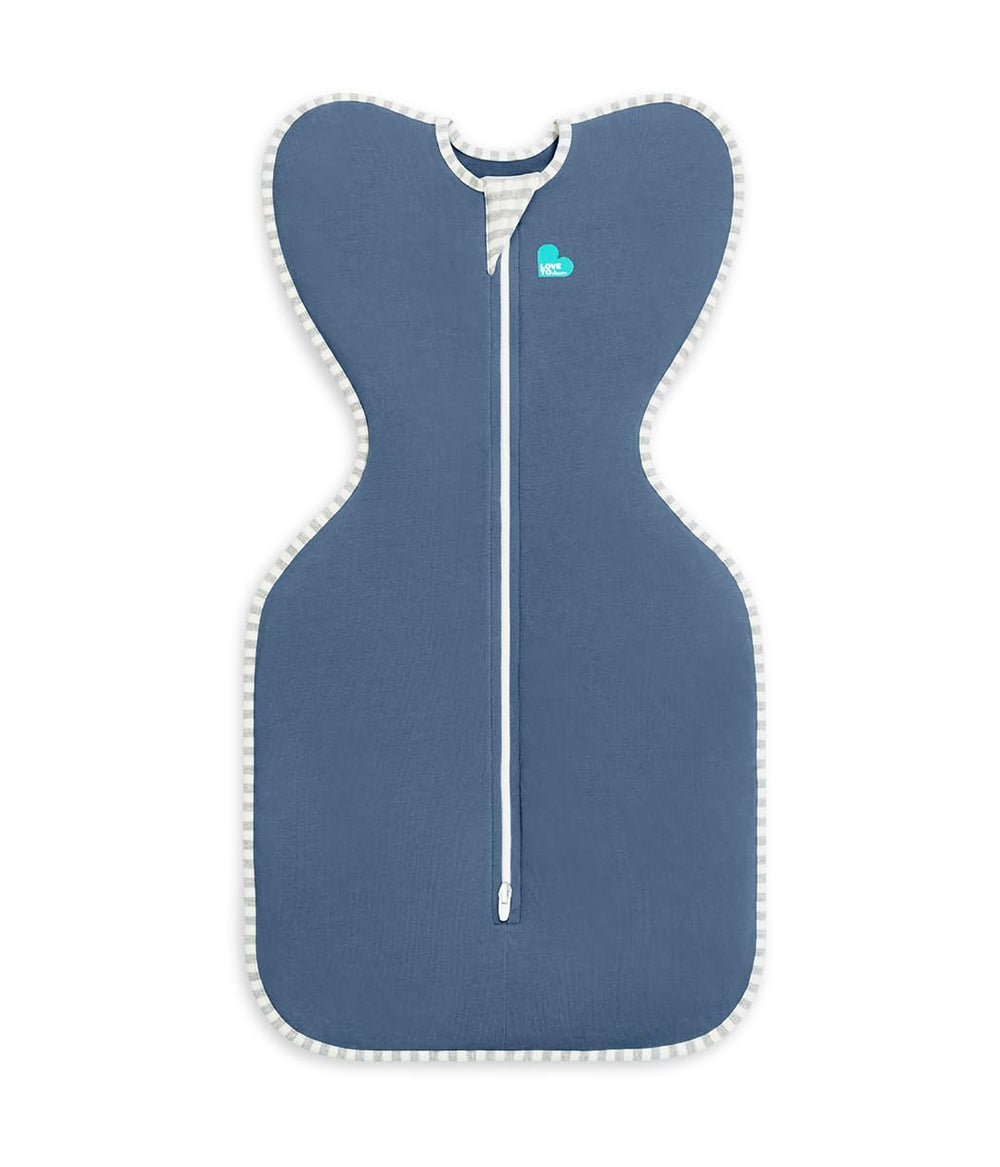 love to dream swaddle up denim front-view shows snug arms-up design for calm startle-free sleep
