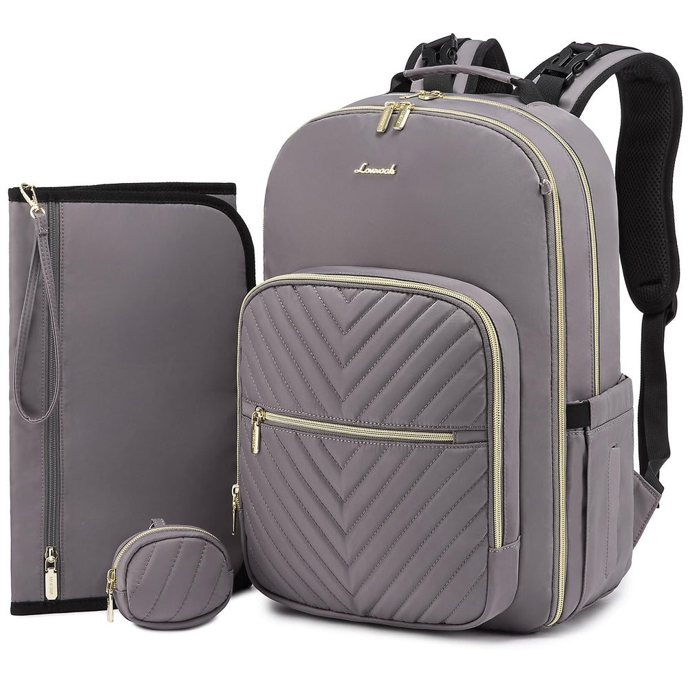 LOVEVOOK diaper bag backpack quilted purple-grey, front view with spacious main compartment.