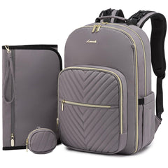 LOVEVOOK diaper bag backpack quilted purple-grey, front view with spacious main compartment.