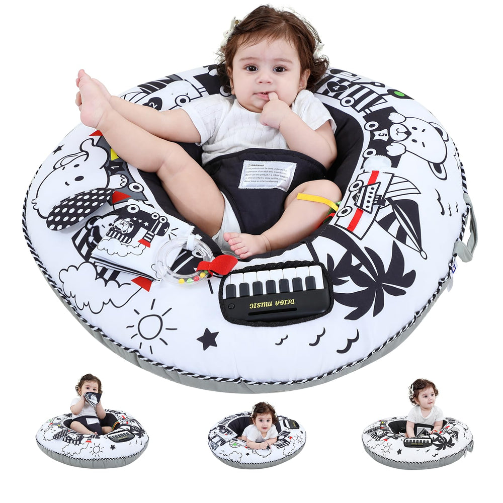 Lovvie & Joy baby seat with high-contrast patterns for visual stimulation.