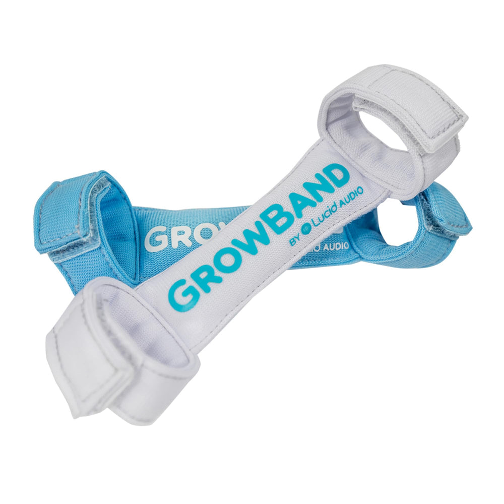 Lucid Audio HearMuffs GrowBand blue on a child, showcasing adjustable comfort for growing heads