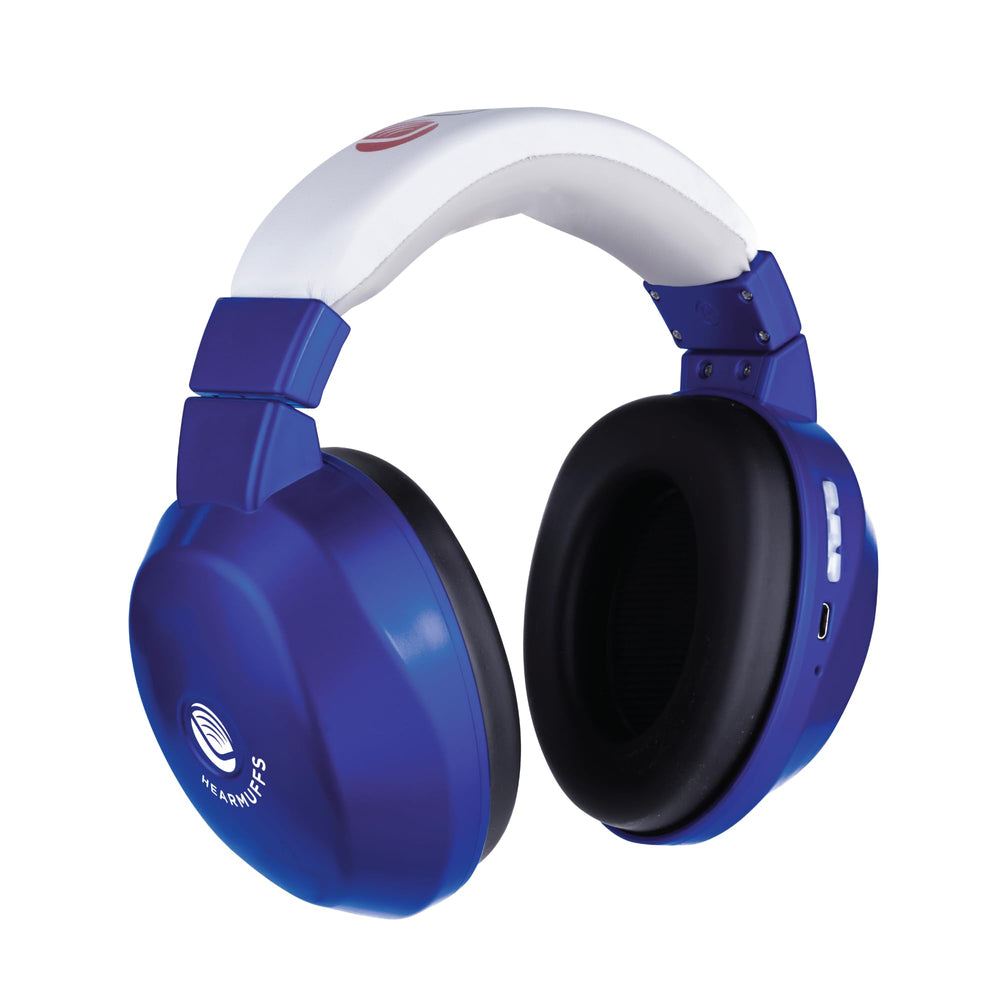 Lucid Audio Kids HearMuffs cobalt blue worn on a child’s head for protection.