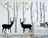 LUCKKYY birch tree deer wall decal in grey for nursery creates a peaceful forest scene.