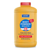 Lucky Super Soft Medicated Body Powder 8oz bottle provides cooling and moisture control.