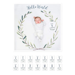 Lulujo Hello World milestone blanket used as soft photo backdrop for baby's first year