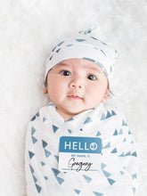 Lulujo Hello World newborn hat triangle blue on tiny head, cozy fit for baby photos