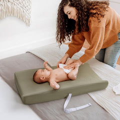 Lulumoon changing pad cover fits standard 17x33 inch pads securely.