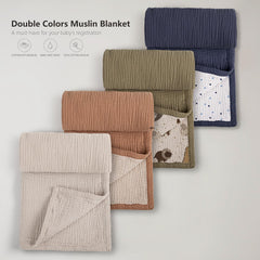 Lulumoon dinosaur muslin blanket used as crib photo backdrop for adorable pictures.