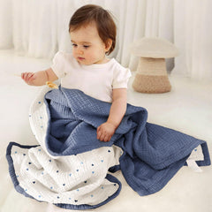 Lulumoon muslin blanket blue four-layer design demonstrates durable warmth and comfort