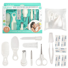 Lulyboo 14-piece grooming kit contents for gentle newborn care on the go.
