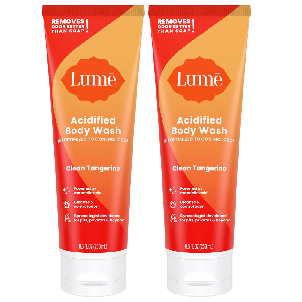 Lume Acidified Body Wash bottle showing 24-hour odor control for fresh skin.