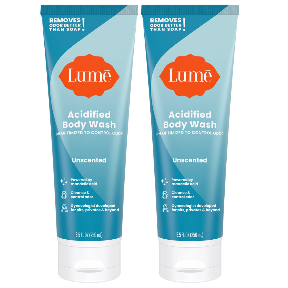 Lume Acidified Body Wash bottle front with unscented formula for long-lasting odor control.