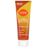 Lume Acidified Body Wash bottle on sink delivering 24-hour odor control.