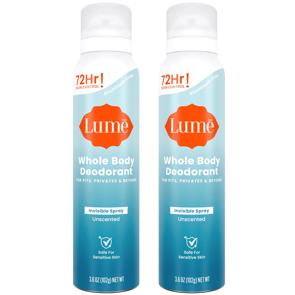 Lume Invisible Spray Deodorant bottle showing unscented formula for whole-body use.