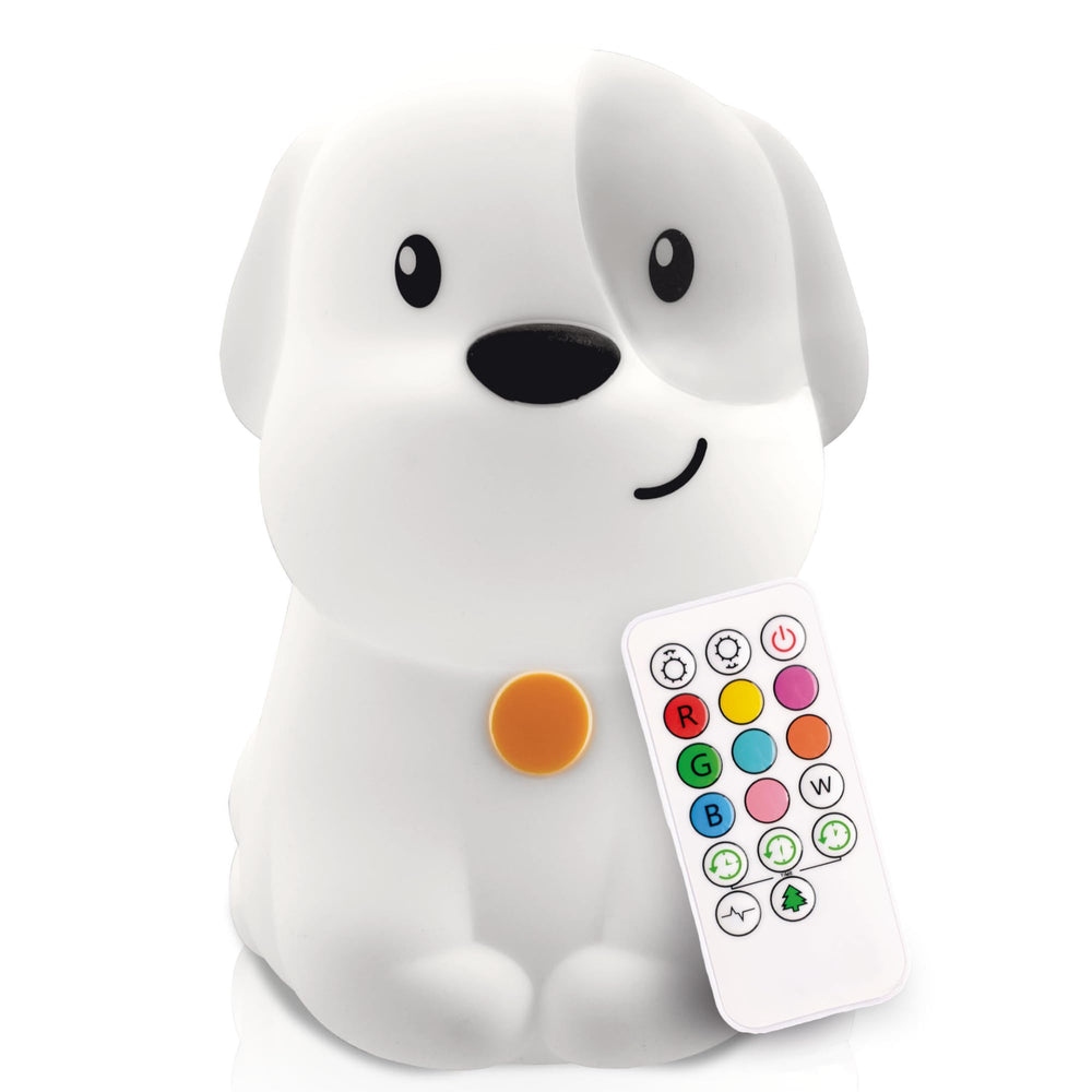 Lumipets Pepper the Puppy night light showing multiple color options for bedtime use.