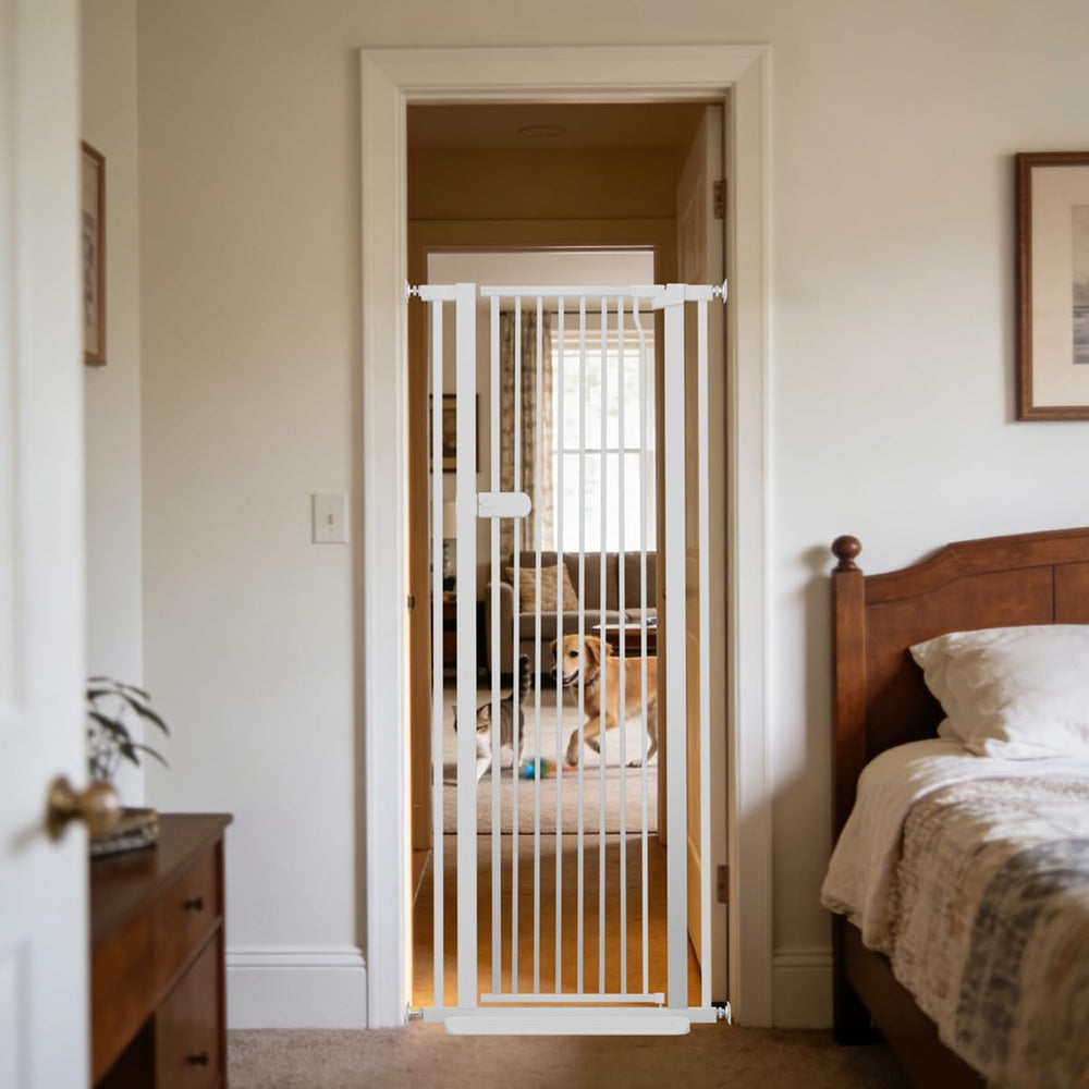 Lumizone extra tall cat gate shows 61.02-inch height blocking jumping indoors
